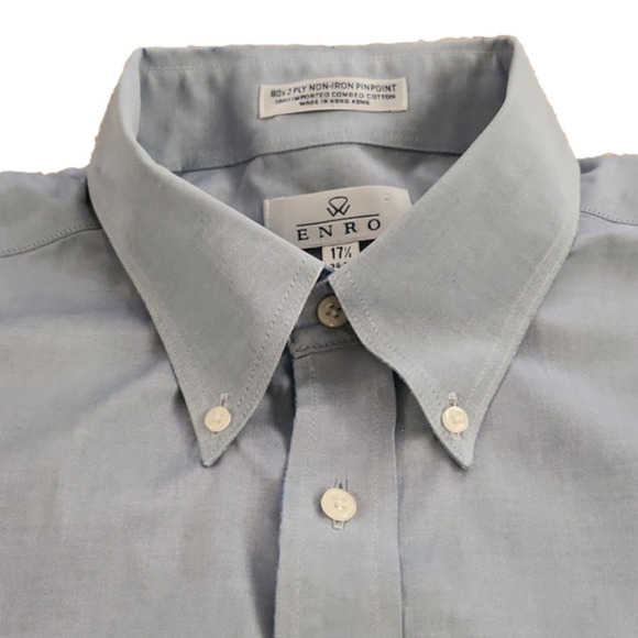 ENRO Blue 80s 2 Ply Non-Iron Pinpoint Button-Up Shirt - Picture 2 of 7